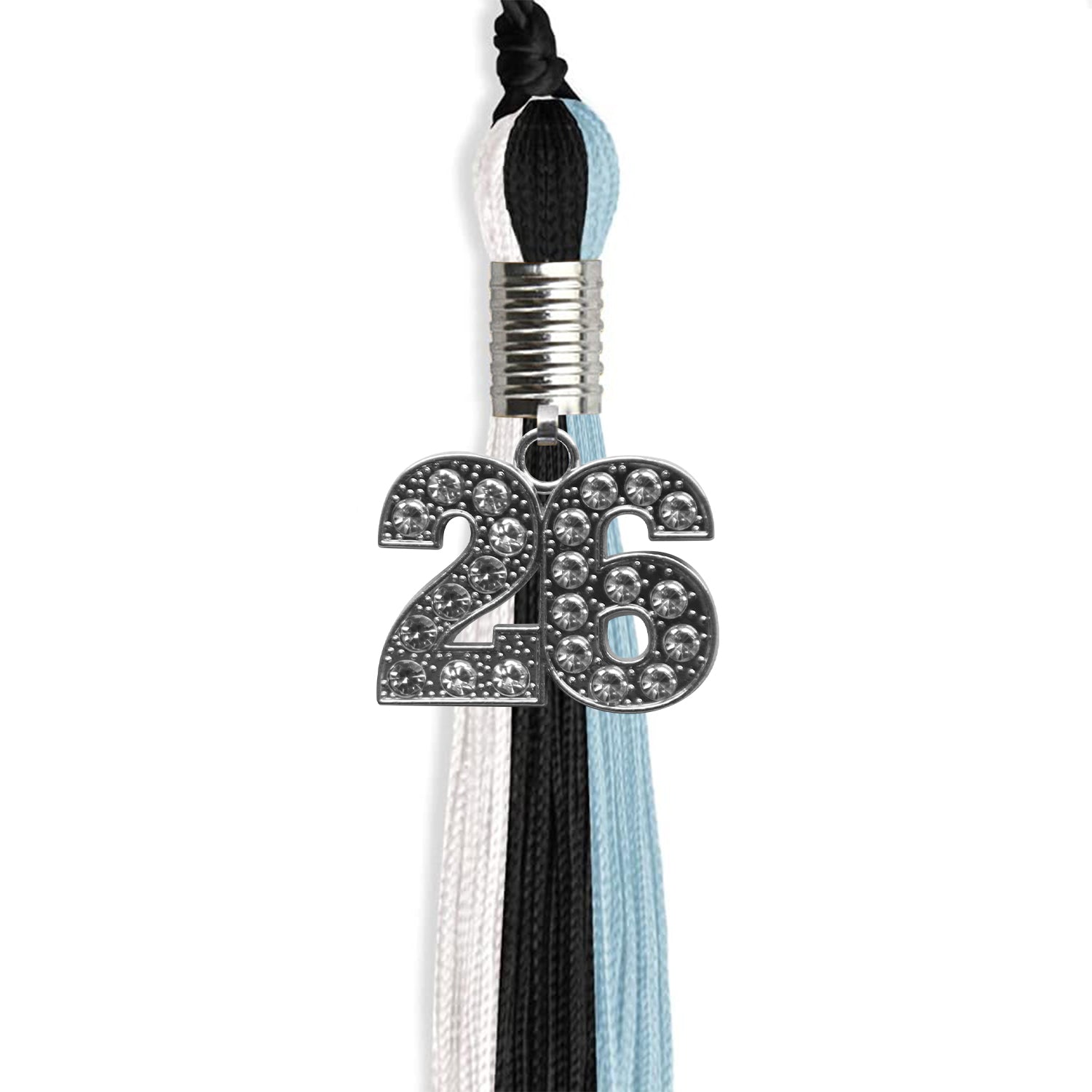 Black/Light Blue/White Graduation Tassel with Silver Bling Charm by Wholesale Grad Supply