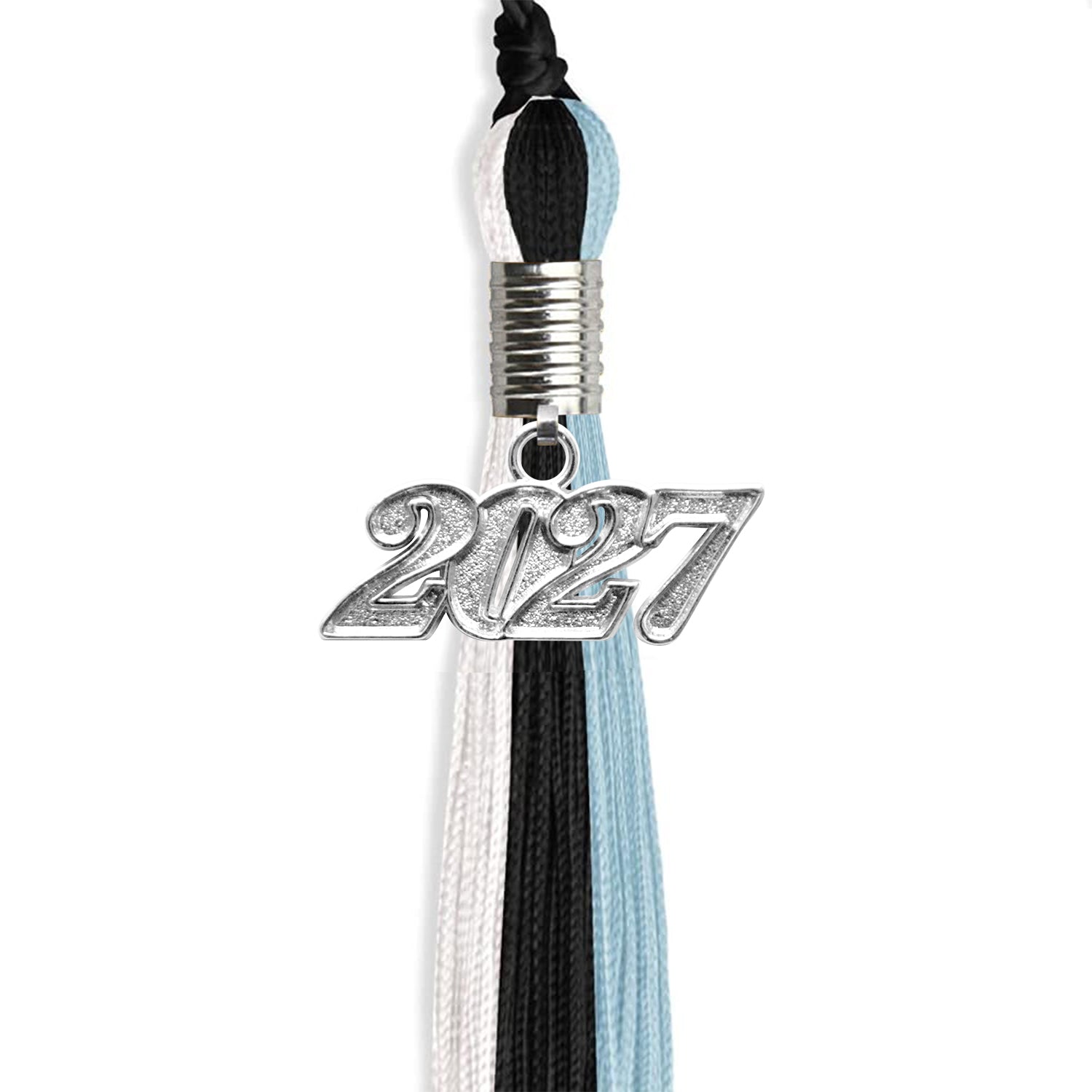 Black/Light Blue/White Graduation Tassel with Silver Bling Charm by Wholesale Grad Supply