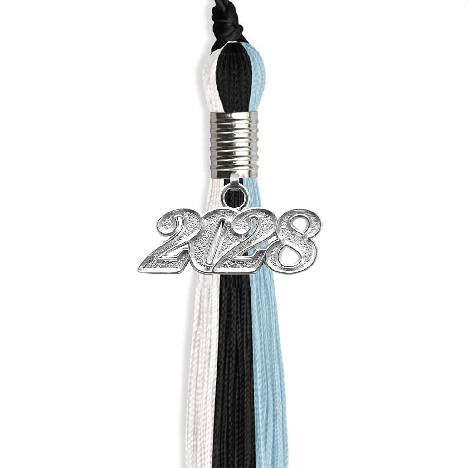 Black/Light Blue/White Graduation Tassel with Silver Bling Charm by Wholesale Grad Supply