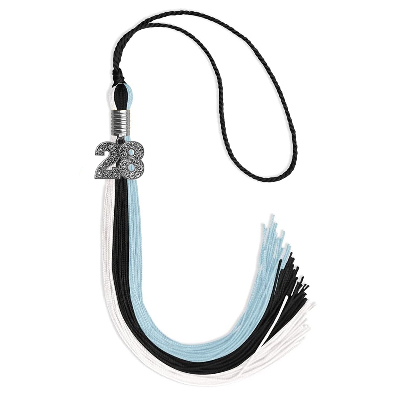 Black/Light Blue/White Graduation Tassel with Silver Bling Charm by Wholesale Grad Supply