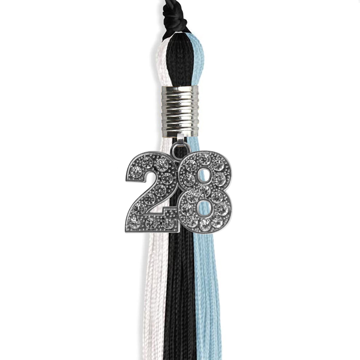 Black/Light Blue/White Graduation Tassel with Silver Bling Charm by Wholesale Grad Supply