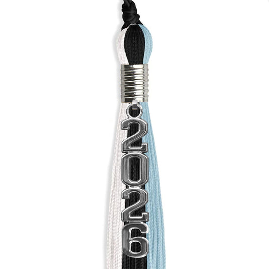 Black/Light Blue/White Graduation Tassel with Silver Stacked Date Drop by Wholesale Grad Supply
