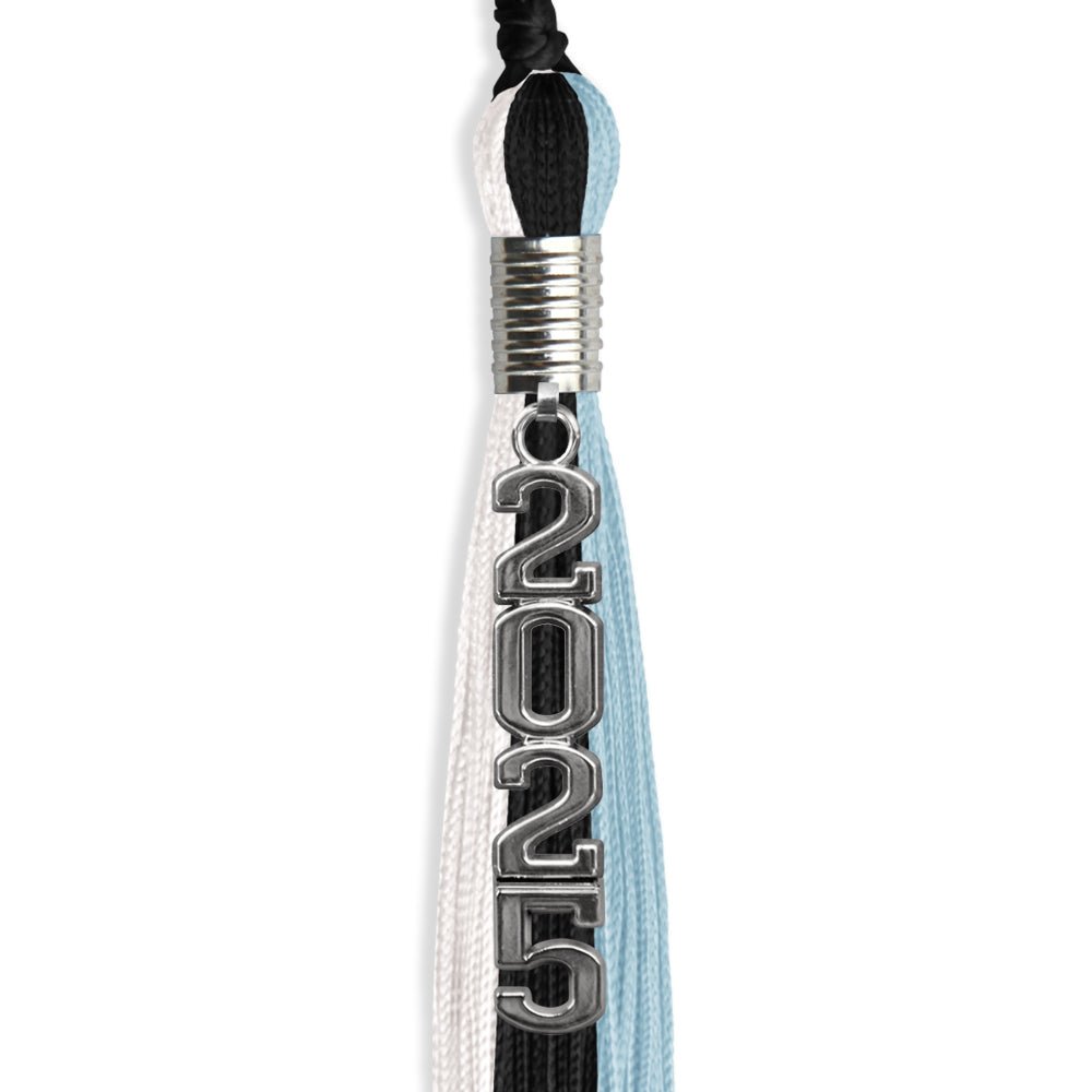 Black/Light Blue/White Graduation Tassel with Silver Stacked Date Drop by Wholesale Grad Supply