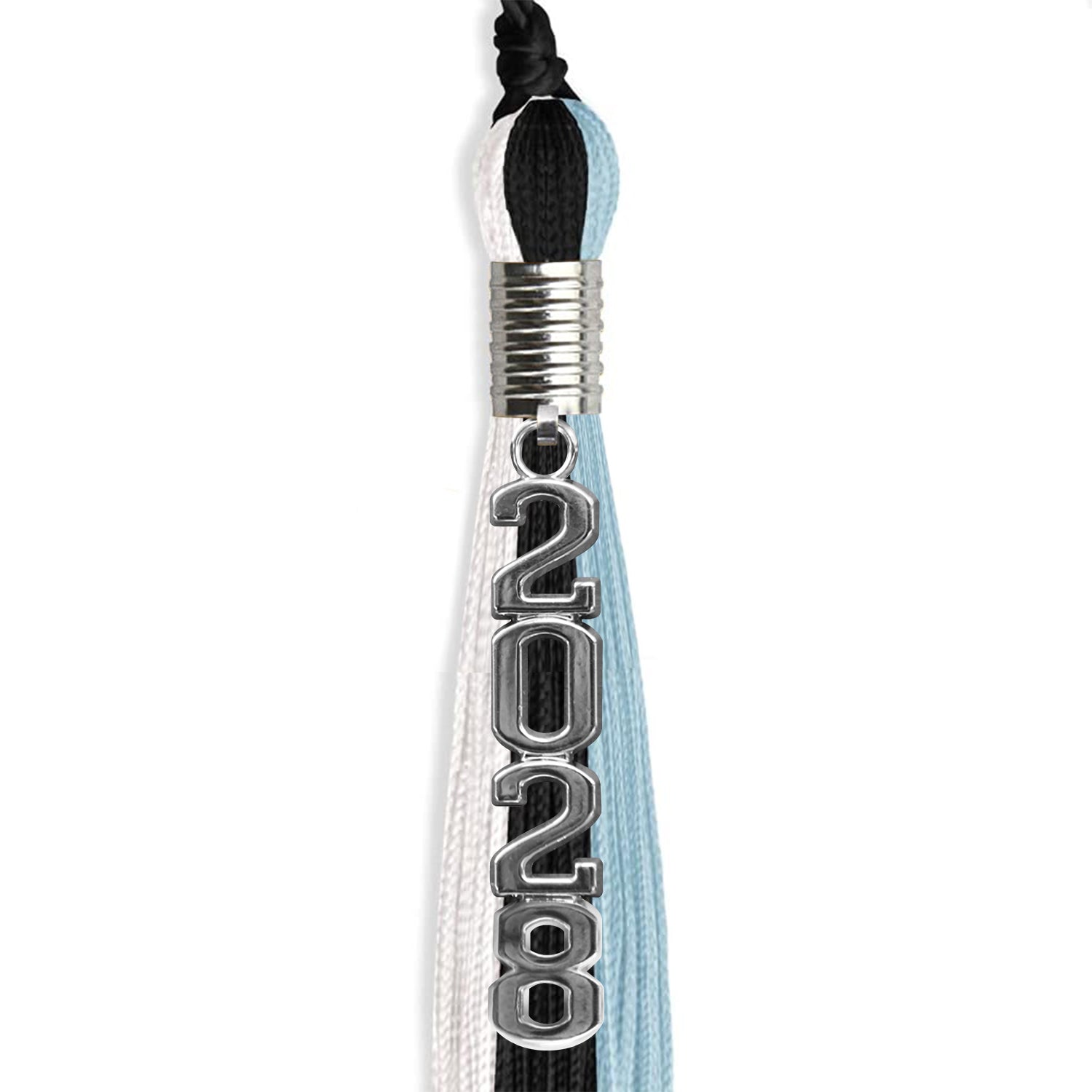 Black/Light Blue/White Graduation Tassel with Silver Stacked Date Drop by Wholesale Grad Supply