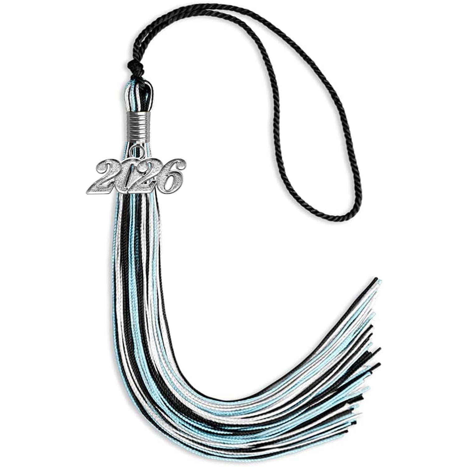 Black/Light Blue/White Mixed Color Graduation Tassel with Silver Bling Charm by Wholesale Grad Supply