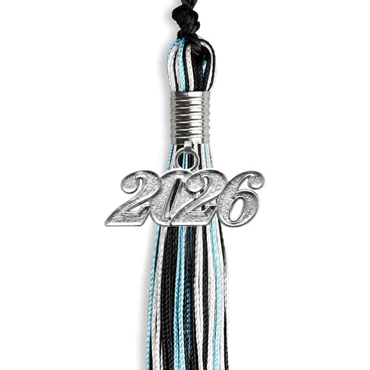 Black/Light Blue/White Mixed Color Graduation Tassel with Silver Bling Charm by Wholesale Grad Supply