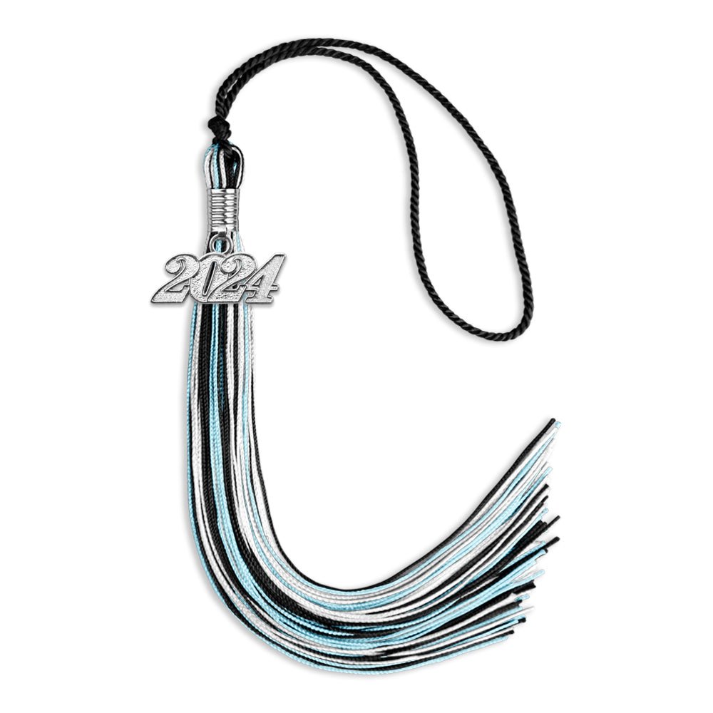Black/Light Blue/White Mixed Color Graduation Tassel with Silver Bling Charm by Wholesale Grad Supply