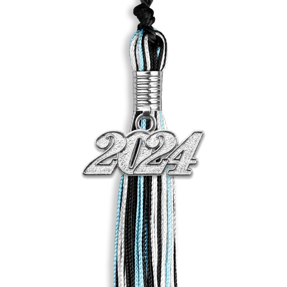 Black/Light Blue/White Mixed Color Graduation Tassel with Silver Bling Charm by Wholesale Grad Supply
