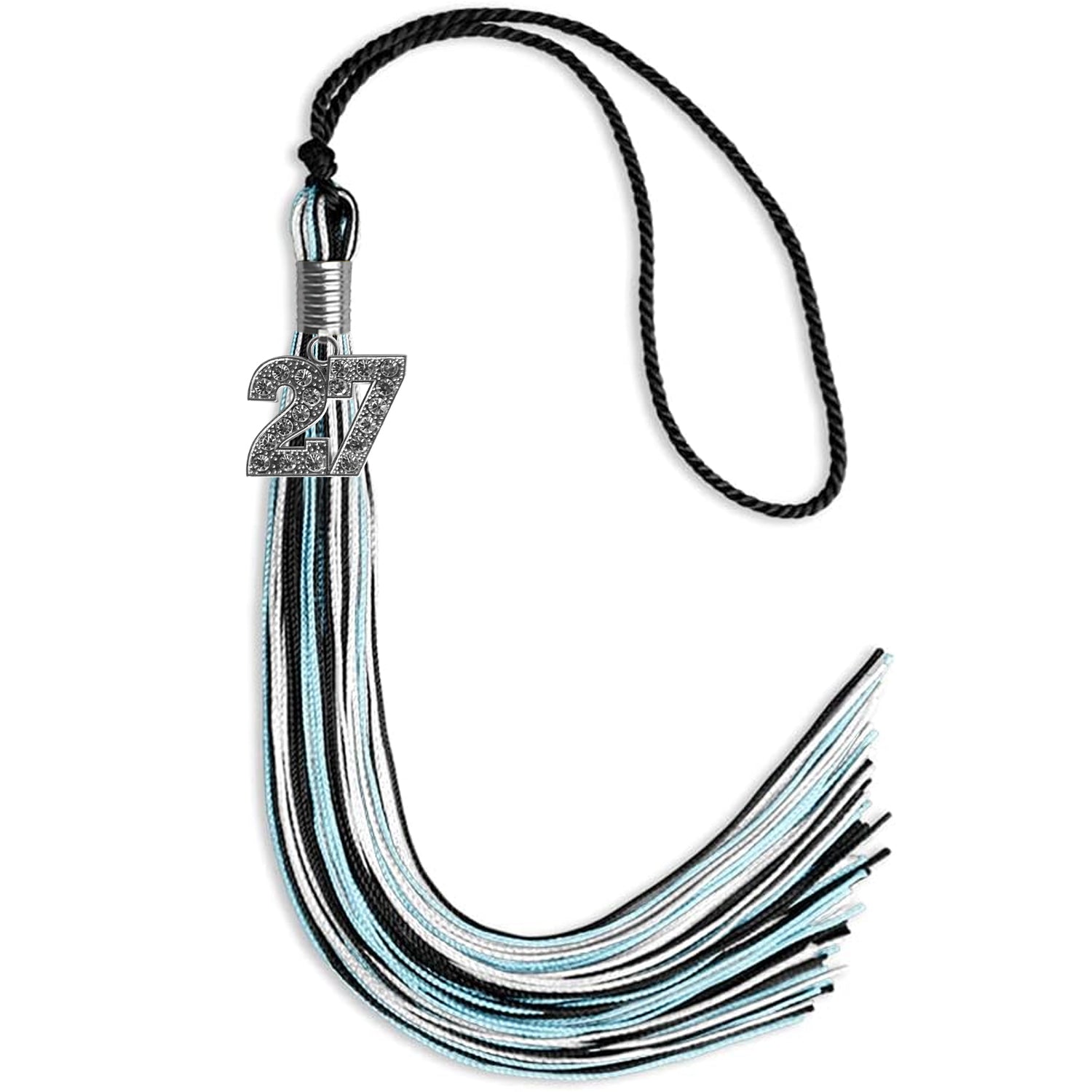 Black/Light Blue/White Mixed Color Graduation Tassel with Silver Bling Charm by Wholesale Grad Supply