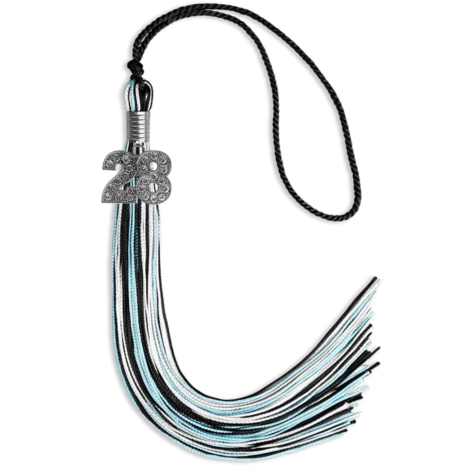 Black/Light Blue/White Mixed Color Graduation Tassel with Silver Bling Charm by Wholesale Grad Supply
