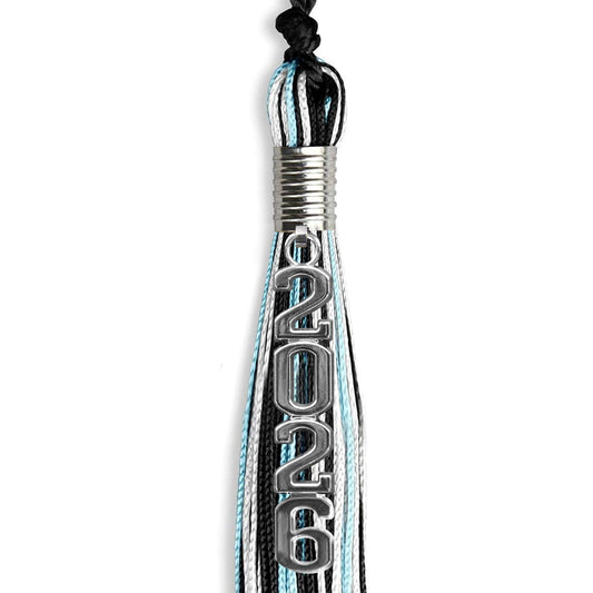 Black/Light Blue/White Mixed Color Graduation Tassel with Silver Stacked Date Drop by Wholesale Grad Supply