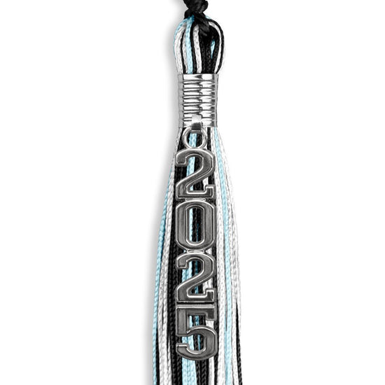 Black/Light Blue/White Mixed Color Graduation Tassel with Silver Stacked Date Drop by Wholesale Grad Supply