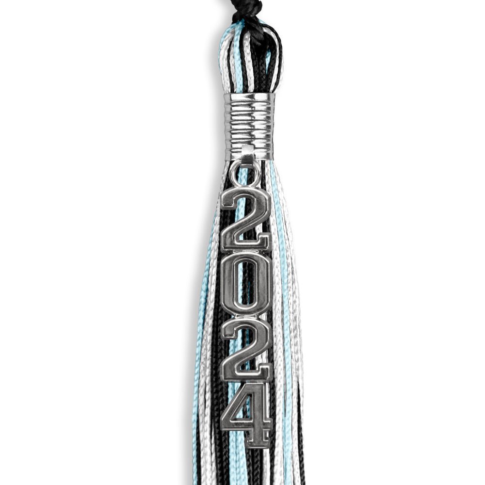 Black/Light Blue/White Mixed Color Graduation Tassel with Silver Stacked Date Drop by Wholesale Grad Supply