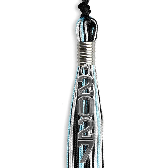 Black/Light Blue/White Mixed Color Graduation Tassel with Silver Stacked Date Drop by Wholesale Grad Supply