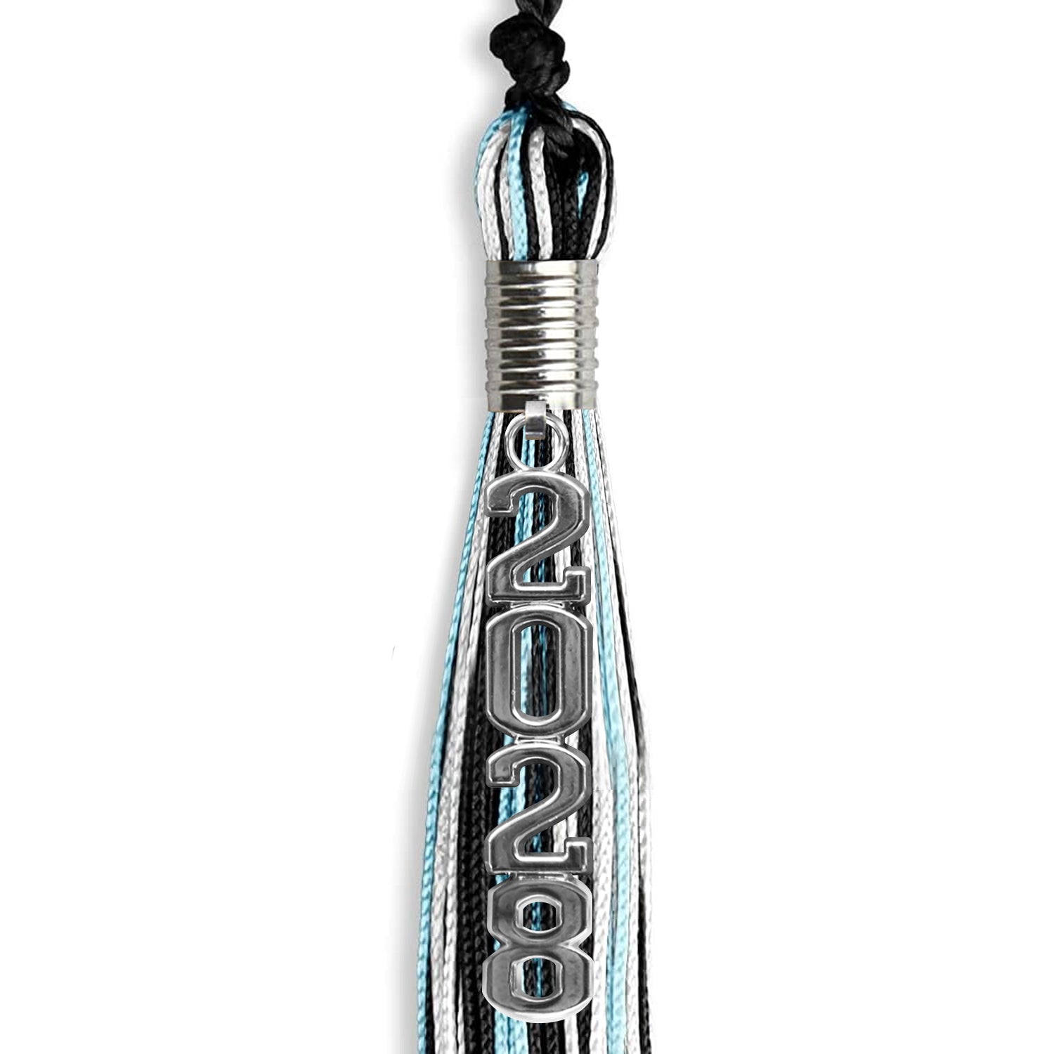 Black/Light Blue/White Mixed Color Graduation Tassel with Silver Stacked Date Drop by Wholesale Grad Supply