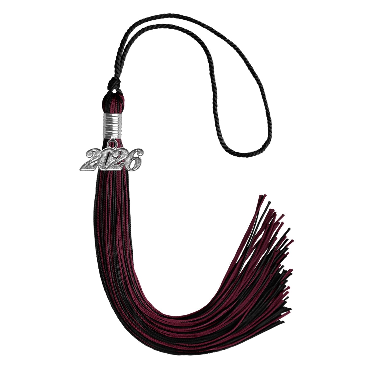 Black/Maroon Mixed Color Graduation Tassel with Silver Bling Charm by Wholesale Grad Supply