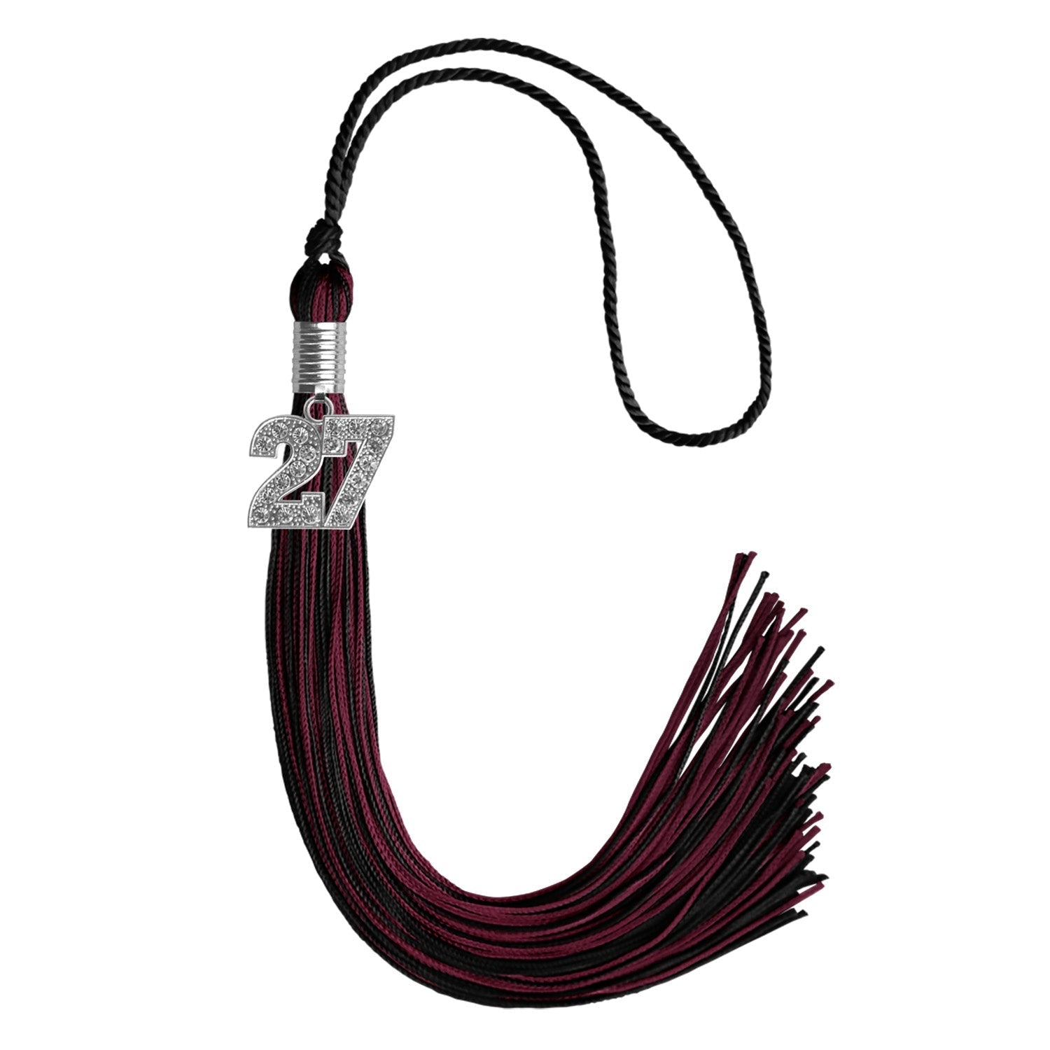 Black/Maroon Mixed Color Graduation Tassel with Silver Bling Charm by Wholesale Grad Supply