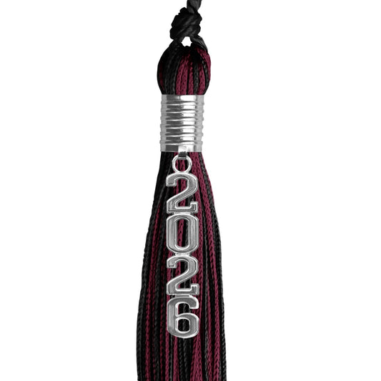 Black/Maroon Mixed Color Graduation Tassel with Stacked Silver Date Drop by Wholesale Grad Supply