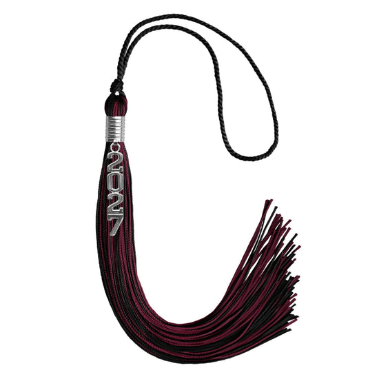Black/Maroon Mixed Color Graduation Tassel with Stacked Silver Date Drop by Wholesale Grad Supply