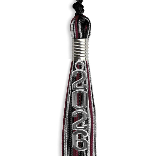 Black/Maroon/Silver Mixed Color Graduation Tassel with Silver Stacked Date Drop by Wholesale Grad Supply