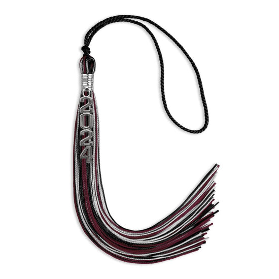 Black/Maroon/Silver Mixed Color Graduation Tassel with Silver Stacked Date Drop by Wholesale Grad Supply