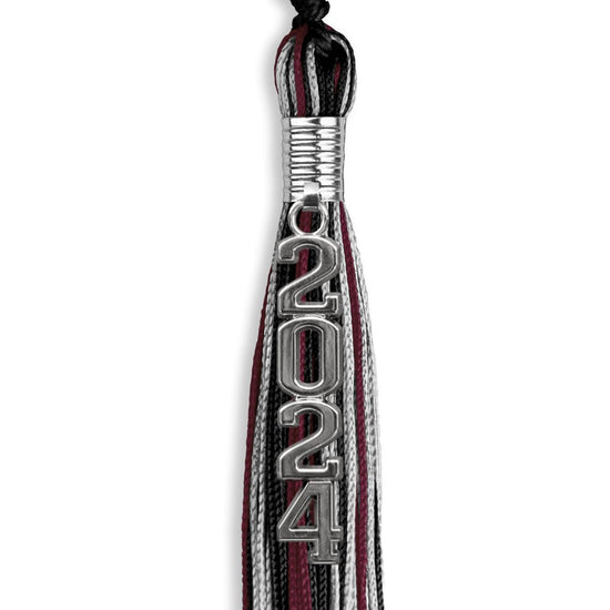 Black/Maroon/Silver Mixed Color Graduation Tassel with Silver Stacked Date Drop by Wholesale Grad Supply