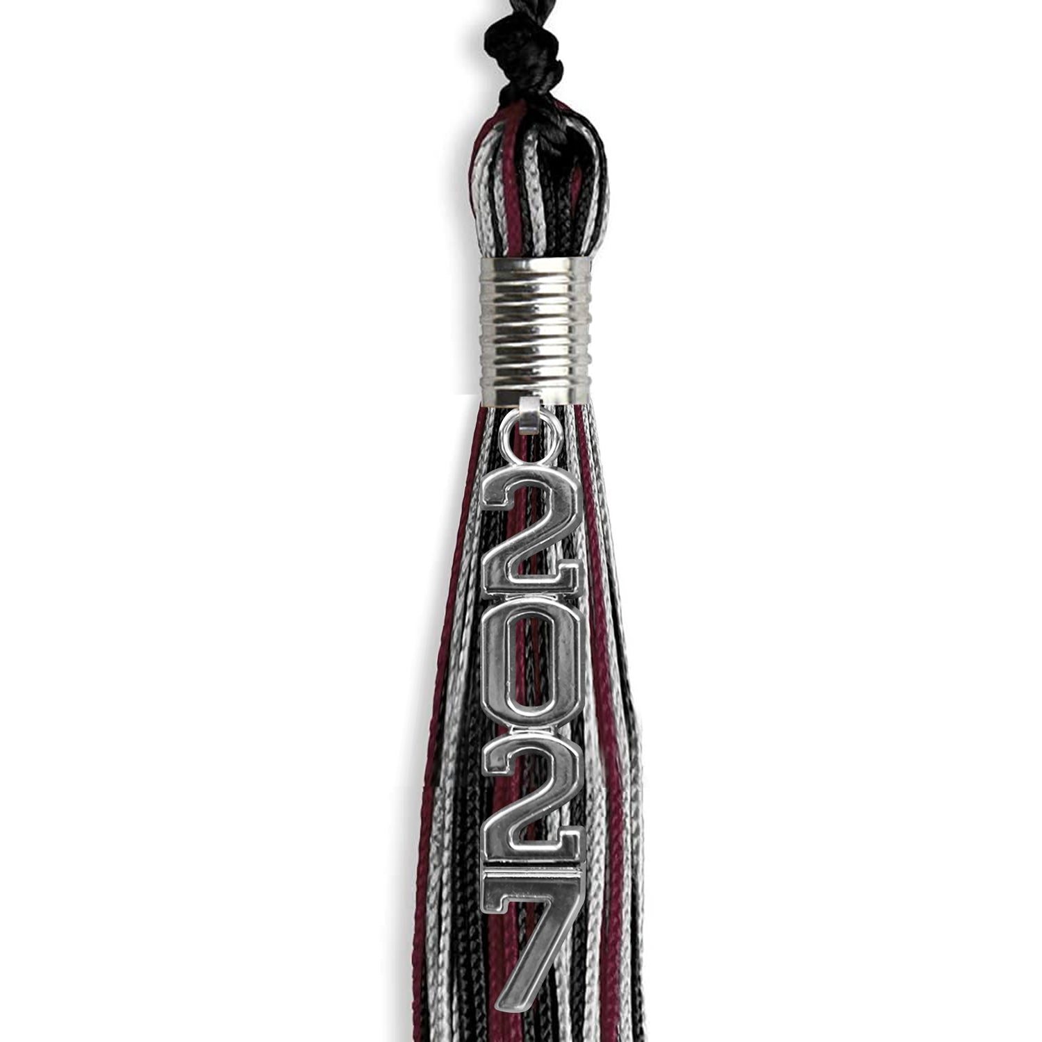 Black/Maroon/Silver Mixed Color Graduation Tassel with Silver Stacked Date Drop by Wholesale Grad Supply