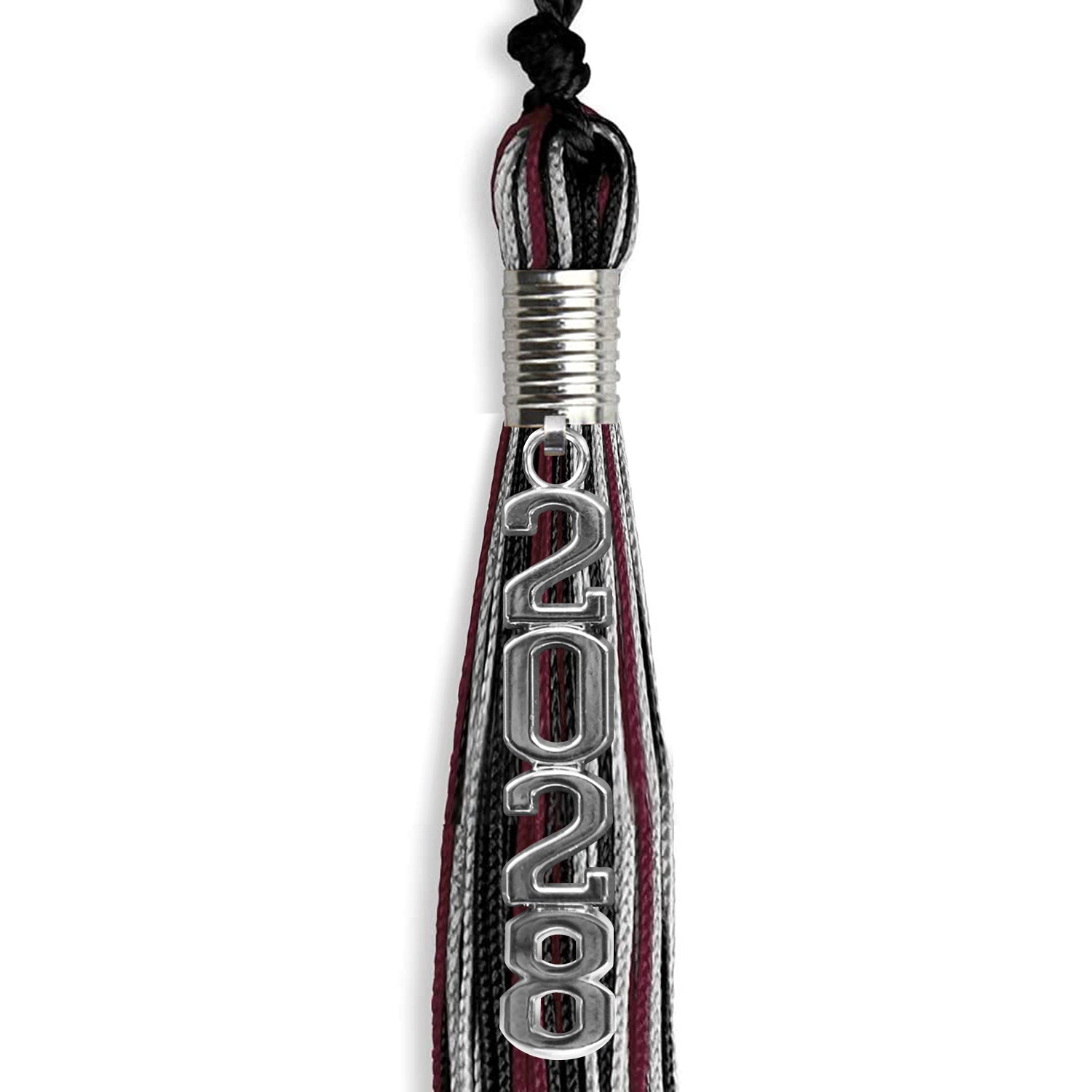 Black/Maroon/Silver Mixed Color Graduation Tassel with Silver Stacked Date Drop by Wholesale Grad Supply