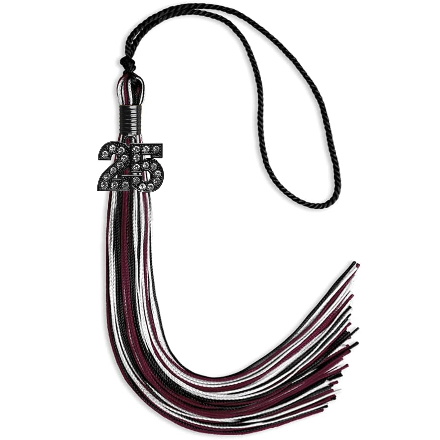 Black/Maroon/White Mixed Color Graduation Tassel with Black Bling Charm by Wholesale Grad Supply