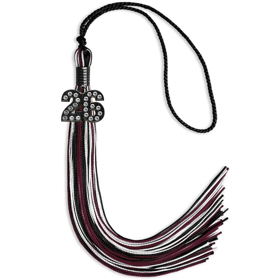 Black/Maroon/White Mixed Color Graduation Tassel with Black Bling Charm by Wholesale Grad Supply