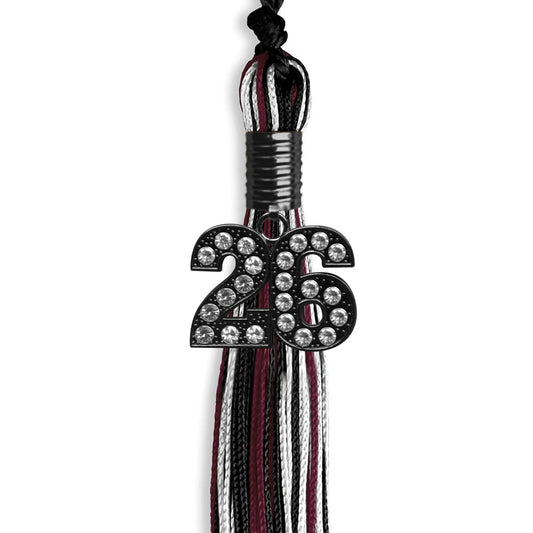 Black/Maroon/White Mixed Color Graduation Tassel with Black Bling Charm by Wholesale Grad Supply