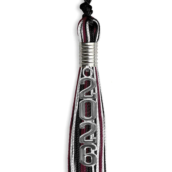 Black/Maroon/White Mixed Color Graduation Tassel with Silver Stacked Date Drop by Wholesale Grad Supply