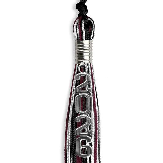 Black/Maroon/White Mixed Color Graduation Tassel with Silver Stacked Date Drop by Wholesale Grad Supply