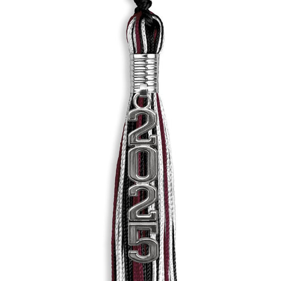 Black/Maroon/White Mixed Color Graduation Tassel with Silver Stacked Date Drop by Wholesale Grad Supply