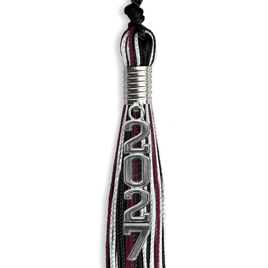 Black/Maroon/White Mixed Color Graduation Tassel with Silver Stacked Date Drop by Wholesale Grad Supply