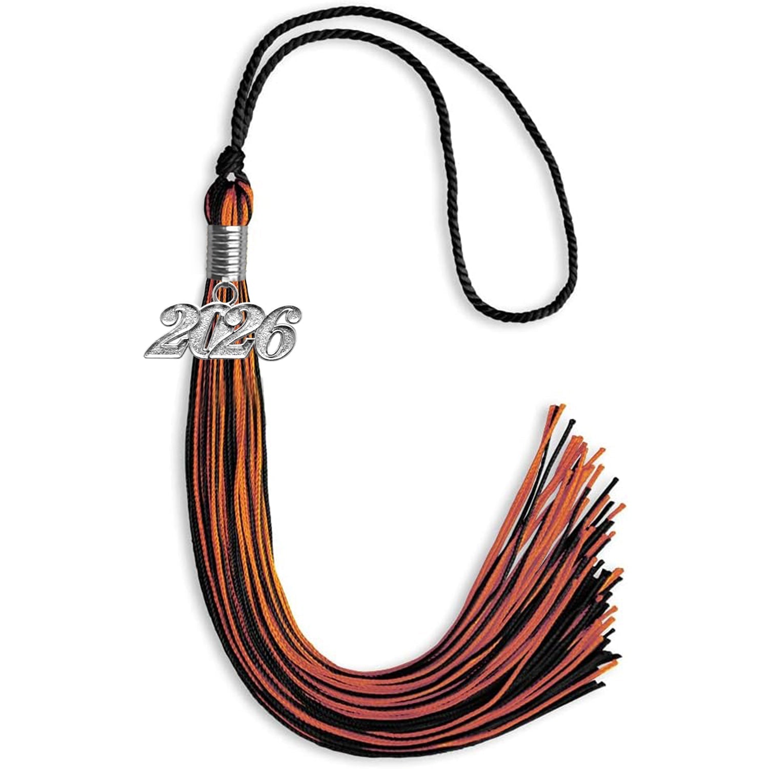 Black/Orange Mixed Color Graduation Tassel with Silver Bling Charm by Wholesale Grad Supply