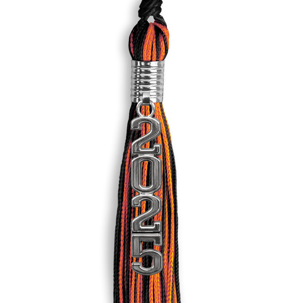 Black/Orange Mixed Color Graduation Tassel with Stacked Silver Date Drop by Wholesale Grad Supply
