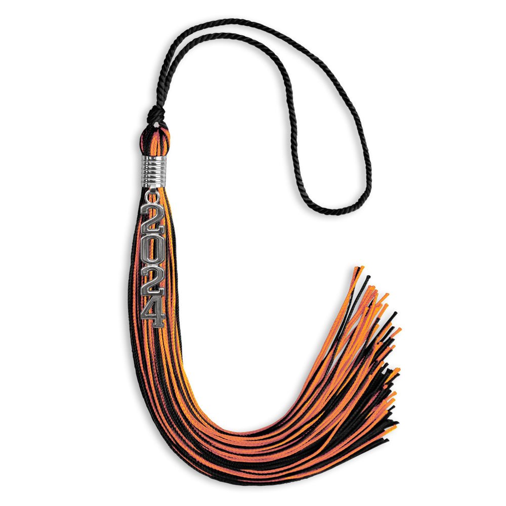 Black/Orange Mixed Color Graduation Tassel with Stacked Silver Date Drop by Wholesale Grad Supply