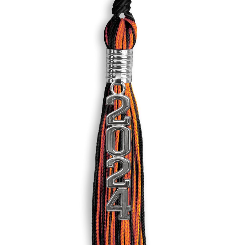 Black/Orange Mixed Color Graduation Tassel with Stacked Silver Date Drop by Wholesale Grad Supply