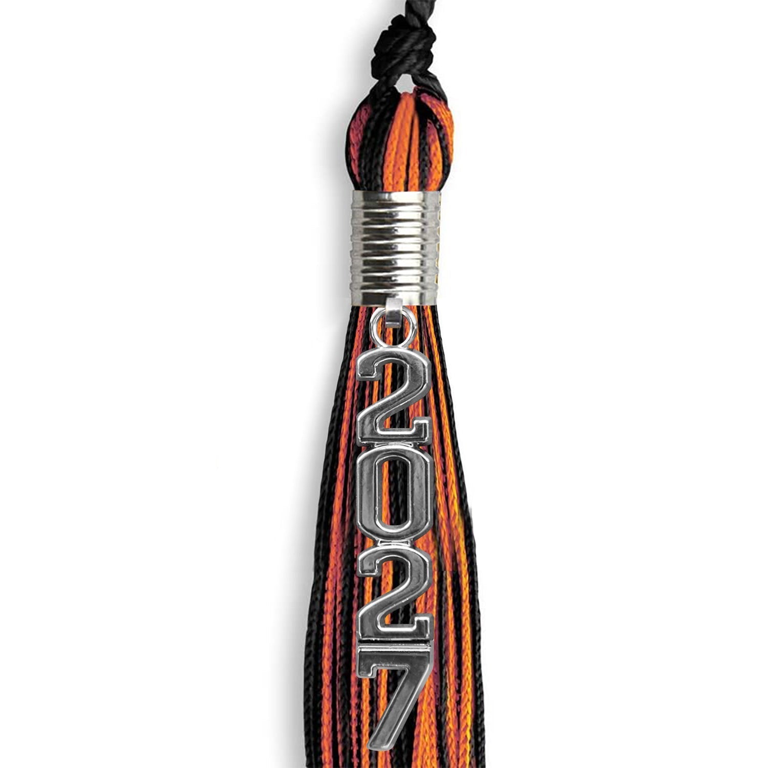 Black/Orange Mixed Color Graduation Tassel with Stacked Silver Date Drop by Wholesale Grad Supply
