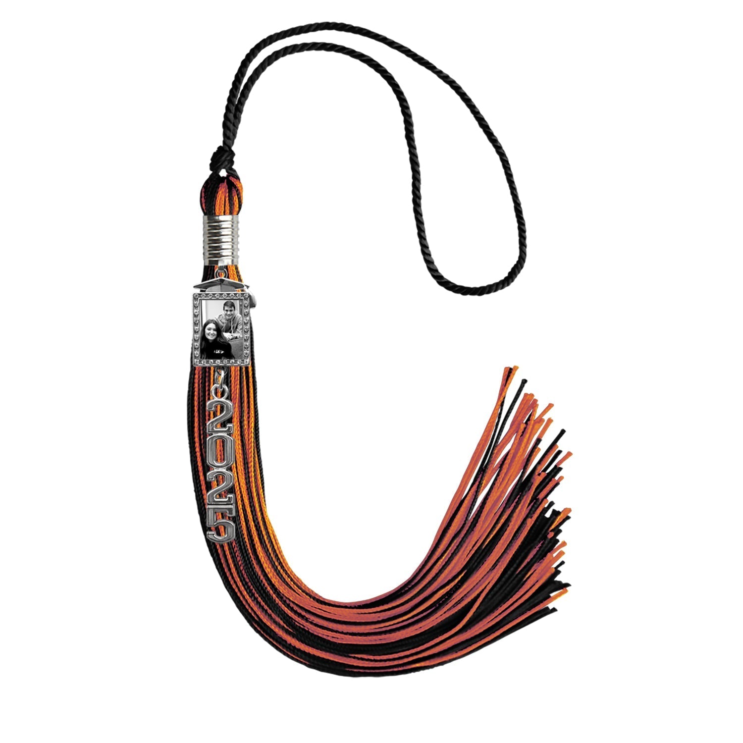 Black/Orange Tassel with Photo Frame Charm and Stacked Date Drop by Wholesale Grad Supply