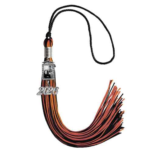 Black/Orange Tassel with Photo Frame Charm and Year Date Drop by Wholesale Grad Supply