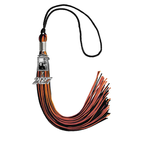 Black/Orange Tassel with Photo Frame Charm and Year Date Drop by Wholesale Grad Supply