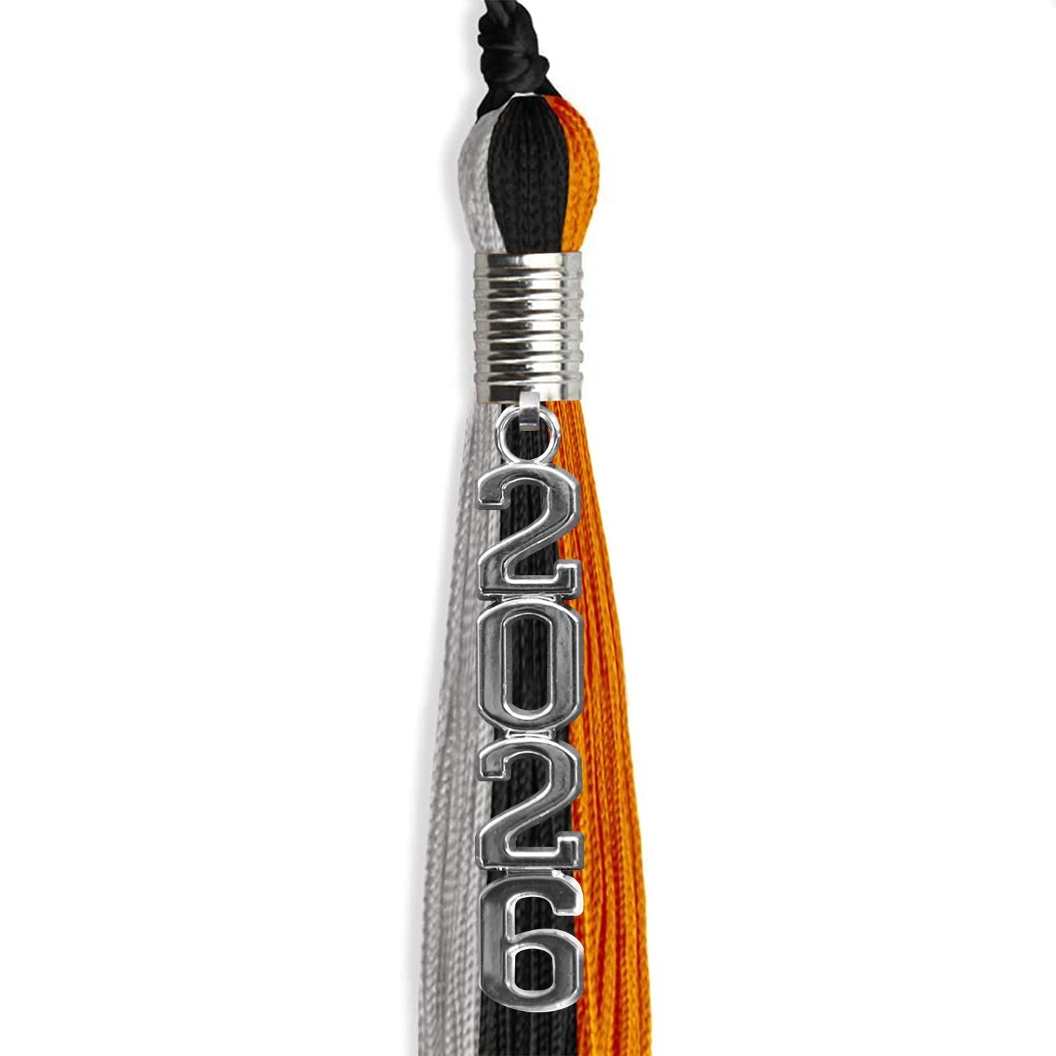 Black/Orange/Grey Graduation Tassel with Silver Stacked Date Drop by Wholesale Grad Supply
