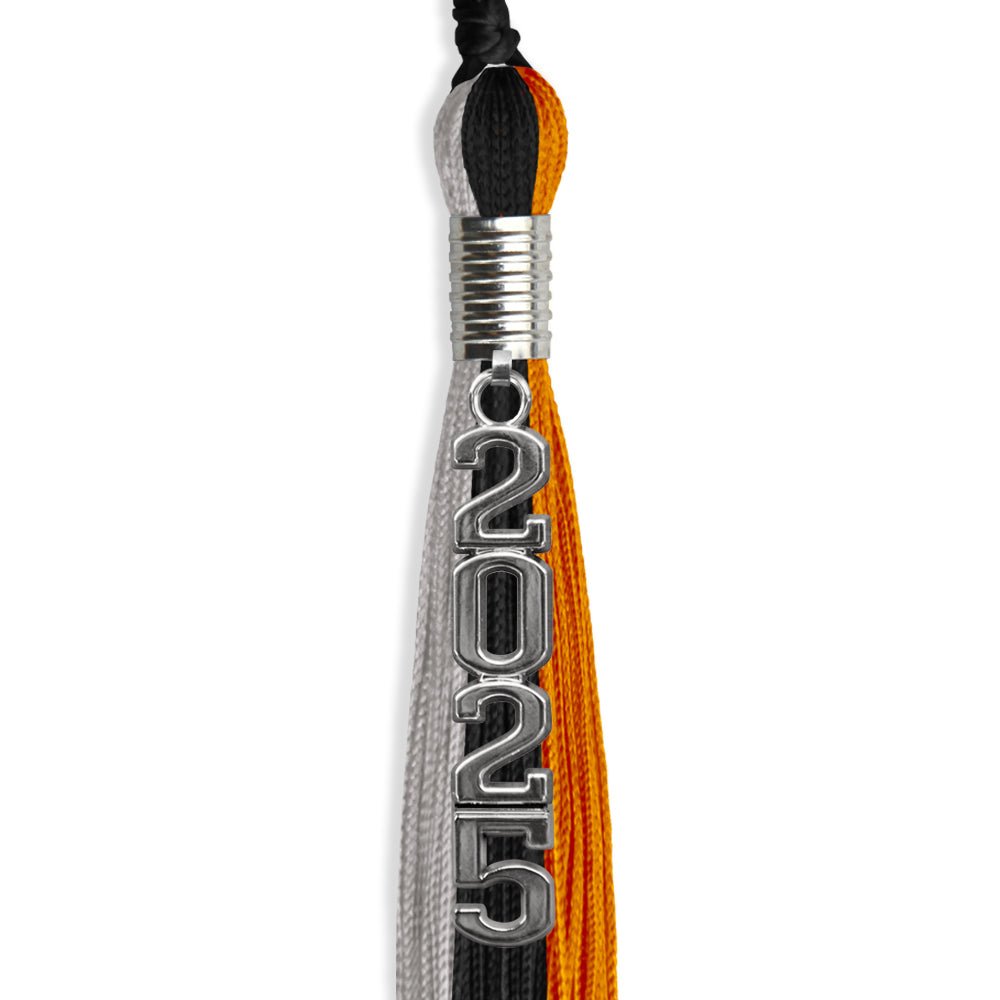 Black/Orange/Grey Graduation Tassel with Silver Stacked Date Drop by Wholesale Grad Supply