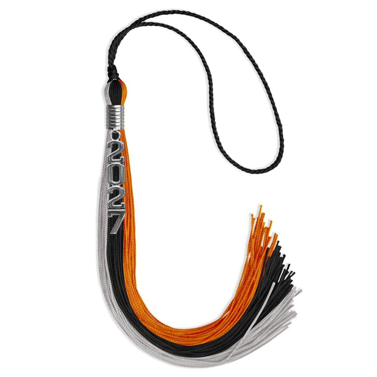 Black/Orange/Grey Graduation Tassel with Silver Stacked Date Drop by Wholesale Grad Supply