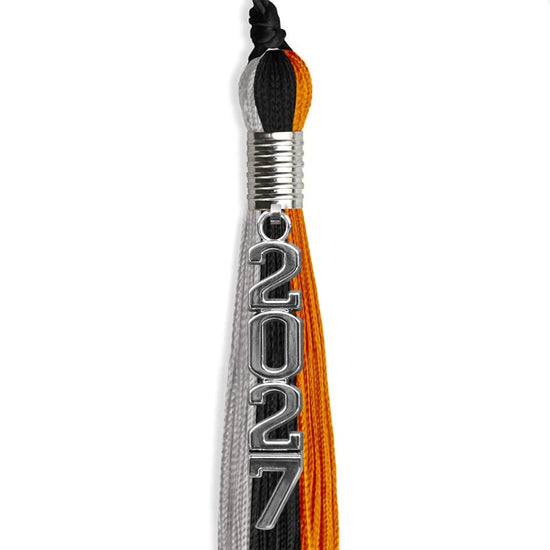 Black/Orange/Grey Graduation Tassel with Silver Stacked Date Drop by Wholesale Grad Supply