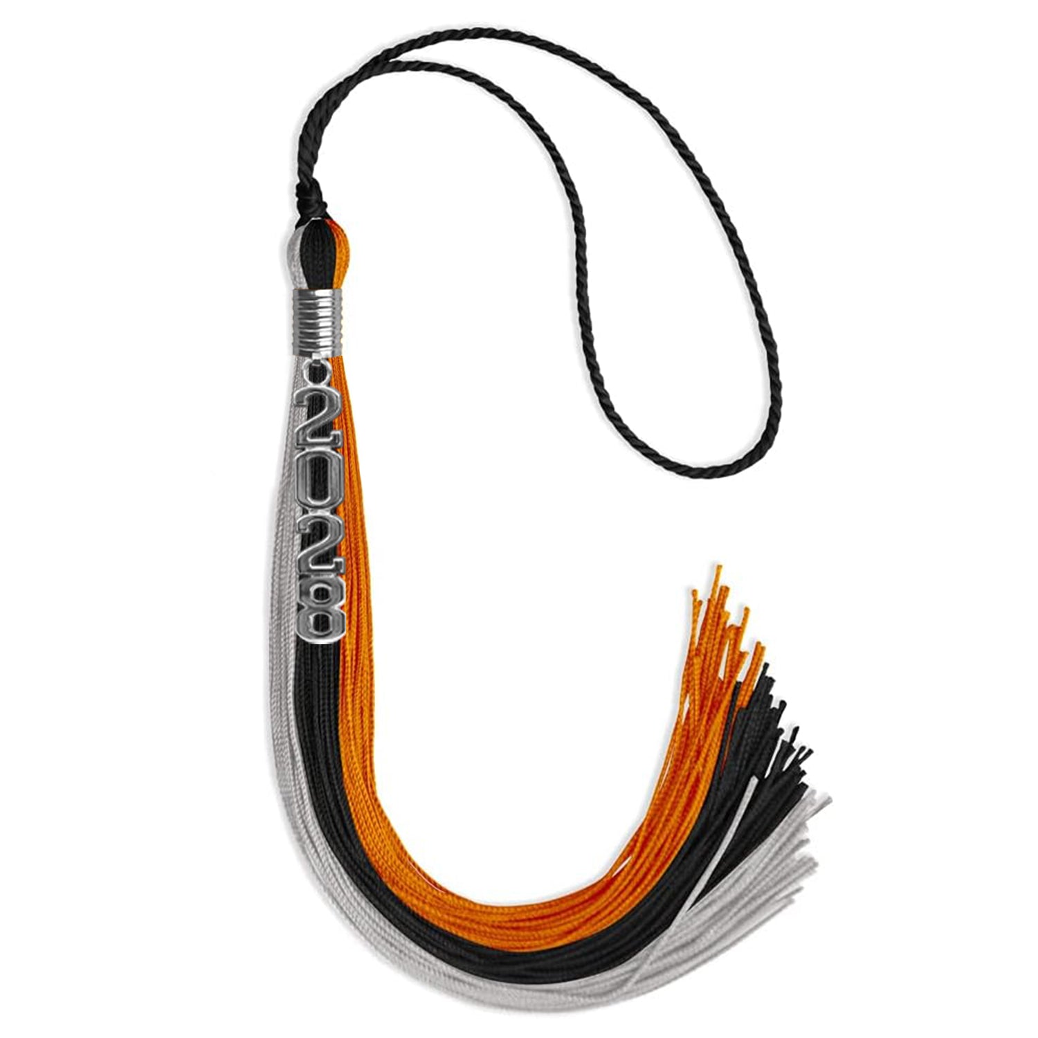 Black/Orange/Grey Graduation Tassel with Silver Stacked Date Drop by Wholesale Grad Supply