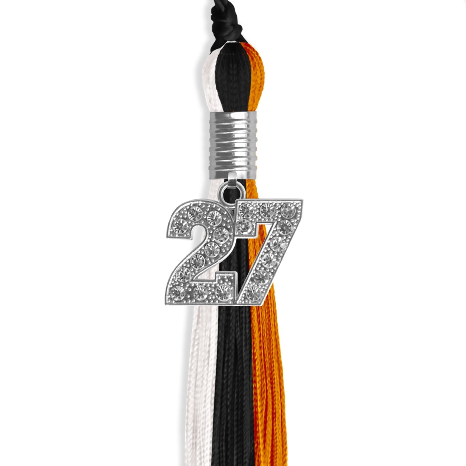 Black/Orange/White Graduation Tassel with Silver Bling Charm by Wholesale Grad Supply