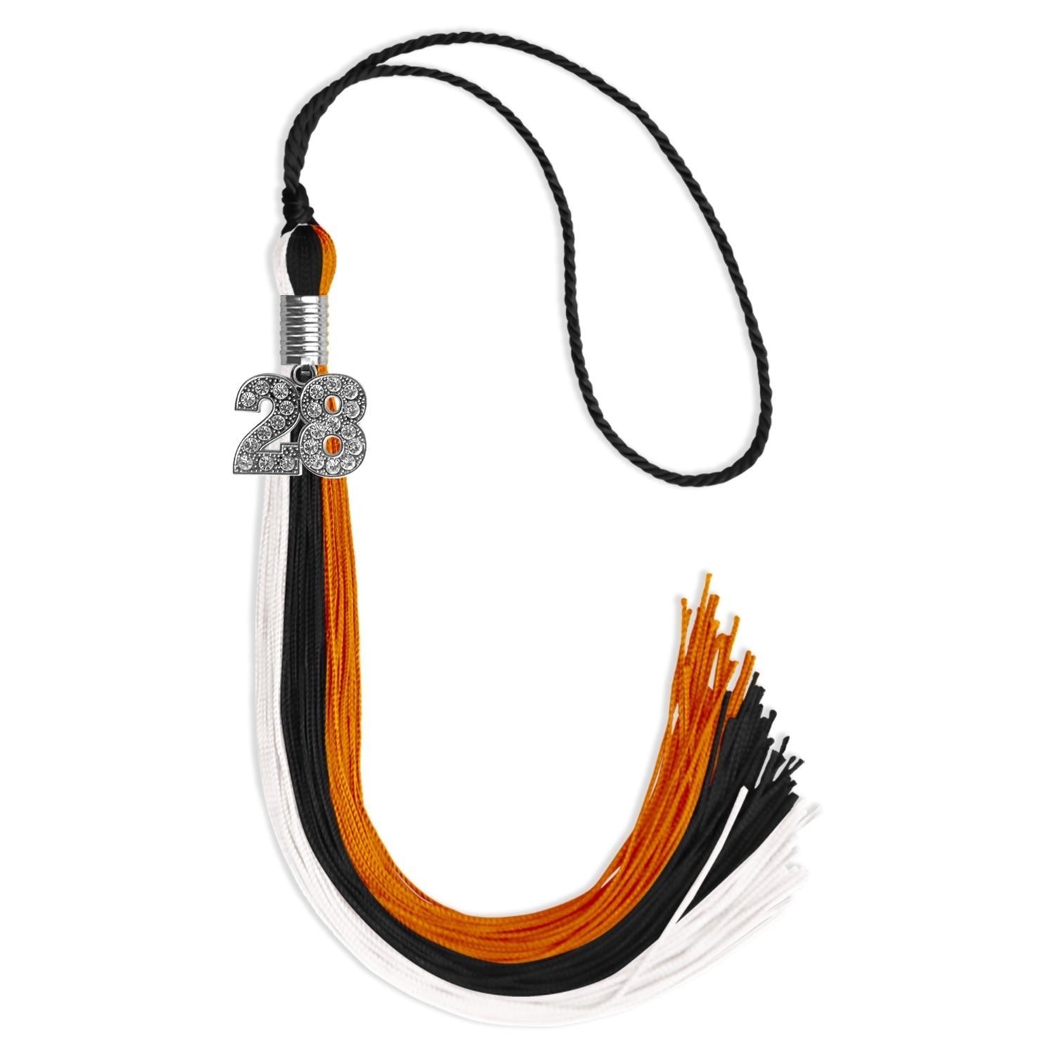 Black/Orange/White Graduation Tassel with Silver Bling Charm by Wholesale Grad Supply